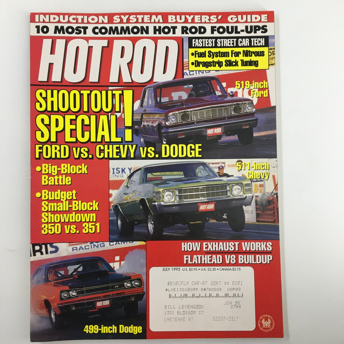 VTG Hot Rod Magazine July 1995 cover featuring a special showdown of Ford vs Chevy vs Dodge, showcasing high-performance muscle cars with bold graphics and information on automotive technology.