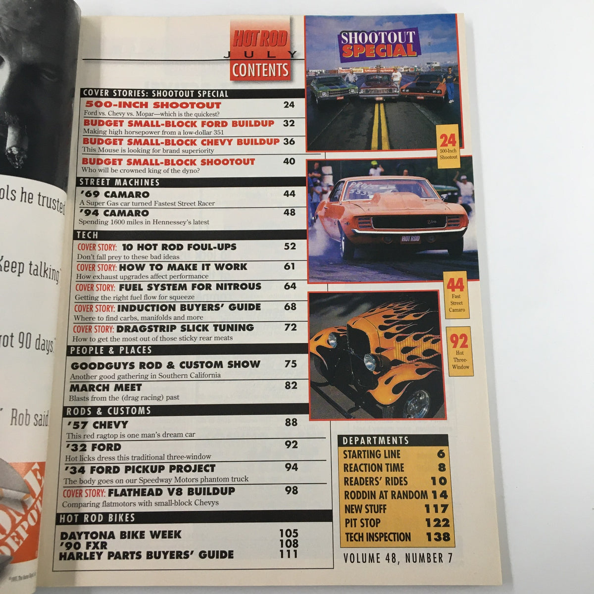 Interior page of VTG Hot Rod Magazine July 1995 displaying the contents, highlighting features from the Ford vs Chevy vs Dodge shootout, tech articles, and classic car builds.
