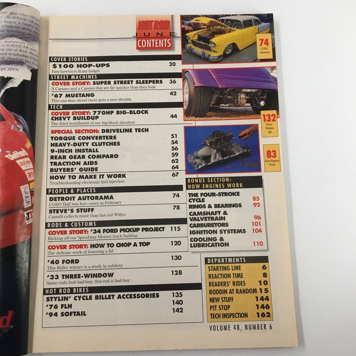 Table of contents from VTG Hot Rod Magazine June 1995 showcasing feature articles including 'How Engines Work', drivetrain technology, and a buyer's guide, highlighting the vibrant automotive culture of the 90s.