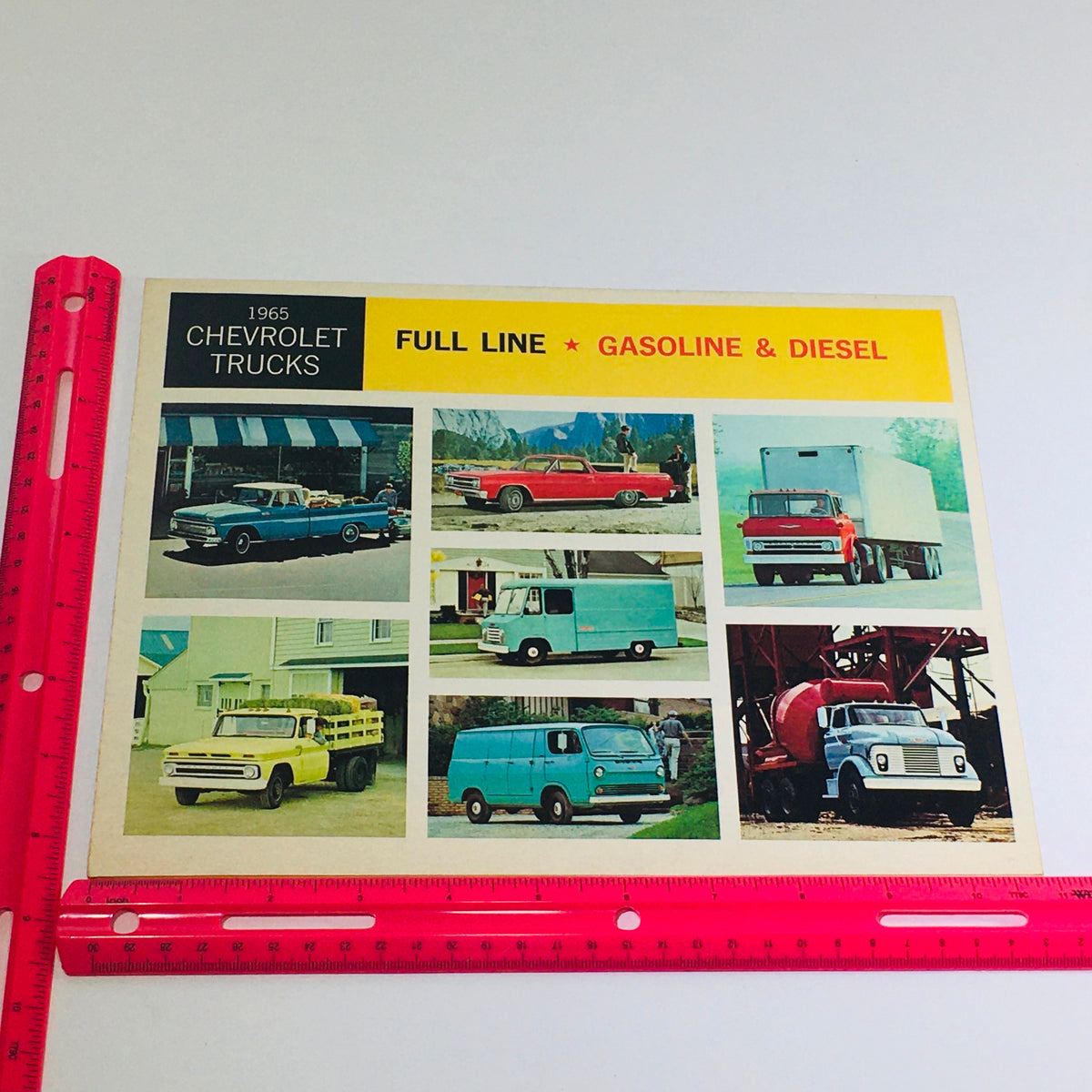 Collage of various Chevrolet trucks from the 1965 Full-Line Truck Selector Dealership Car Auto Brochure, showcasing models available in gasoline and diesel.