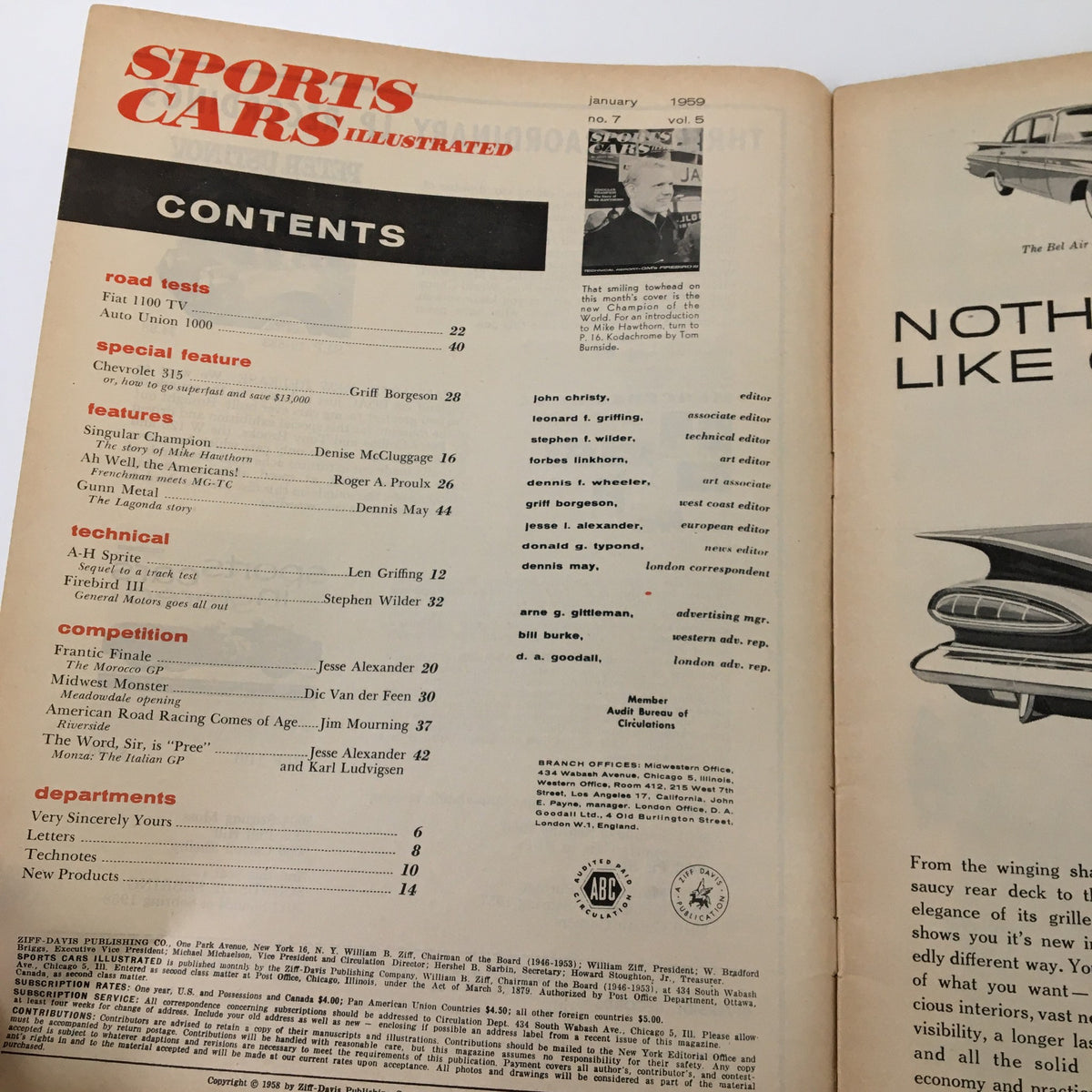 Contents page of Sports Car Illustrated Magazine January 1959 listing features including an article on Mike Hawthorn and other topics related to sports cars.