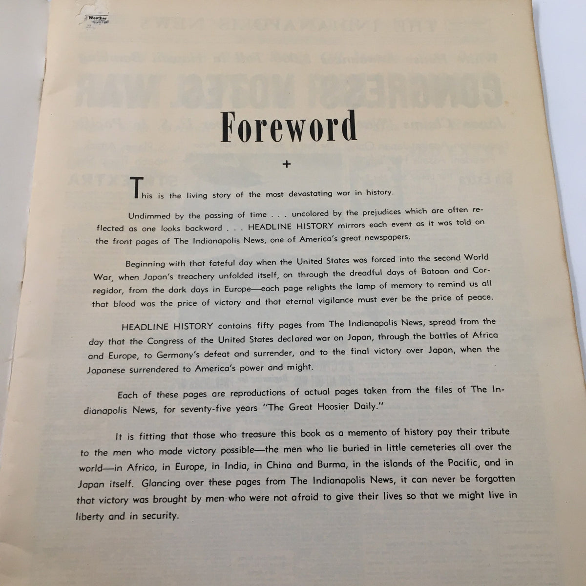 Foreword page from VTG The Indianapolis News December 8 1941 Congress Votes War, detailing the significance of the newspaper during World War II.