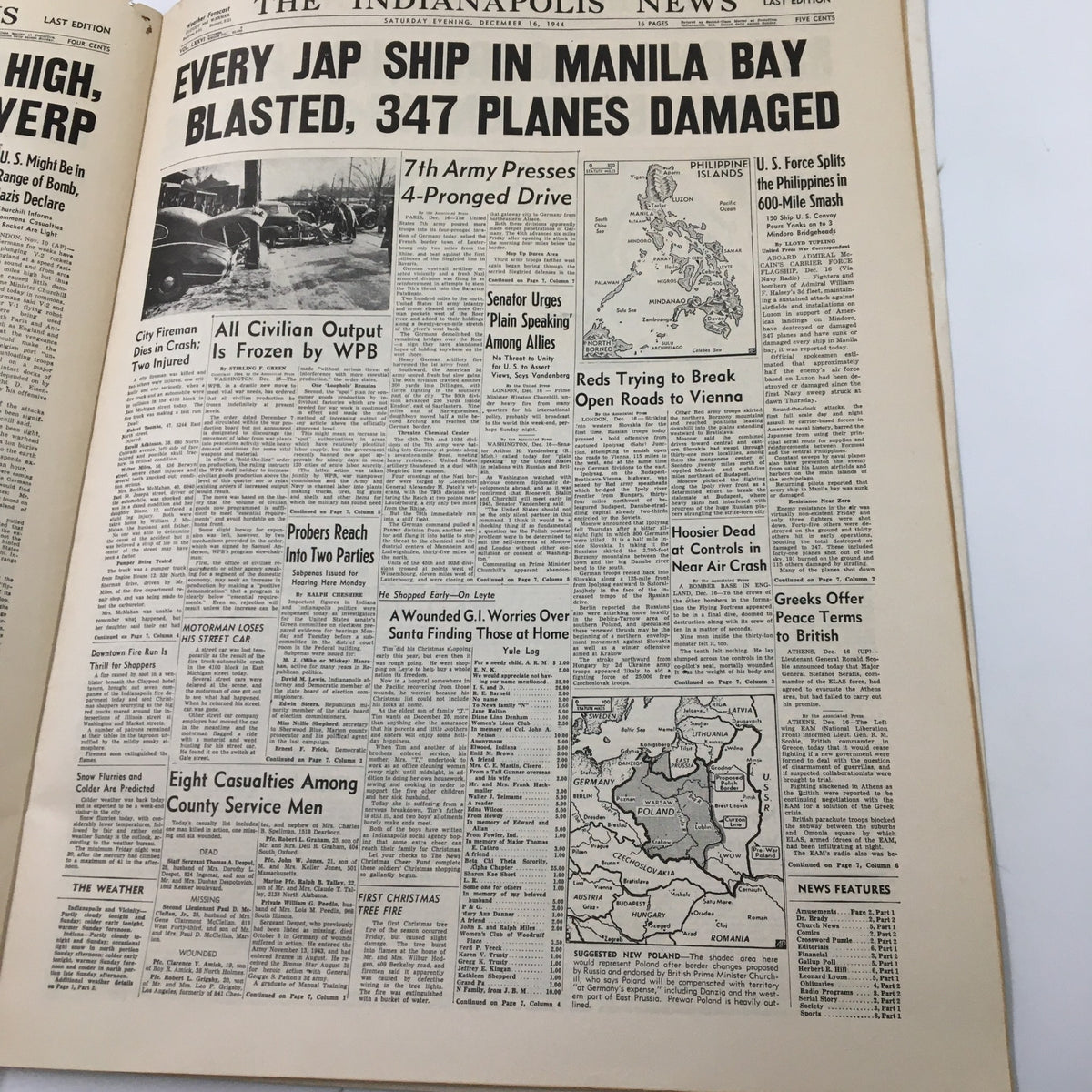 Inside spread of VTG The Indianapolis News December 16, 1944, detailing military strategies and damage reports in Manila during World War II.