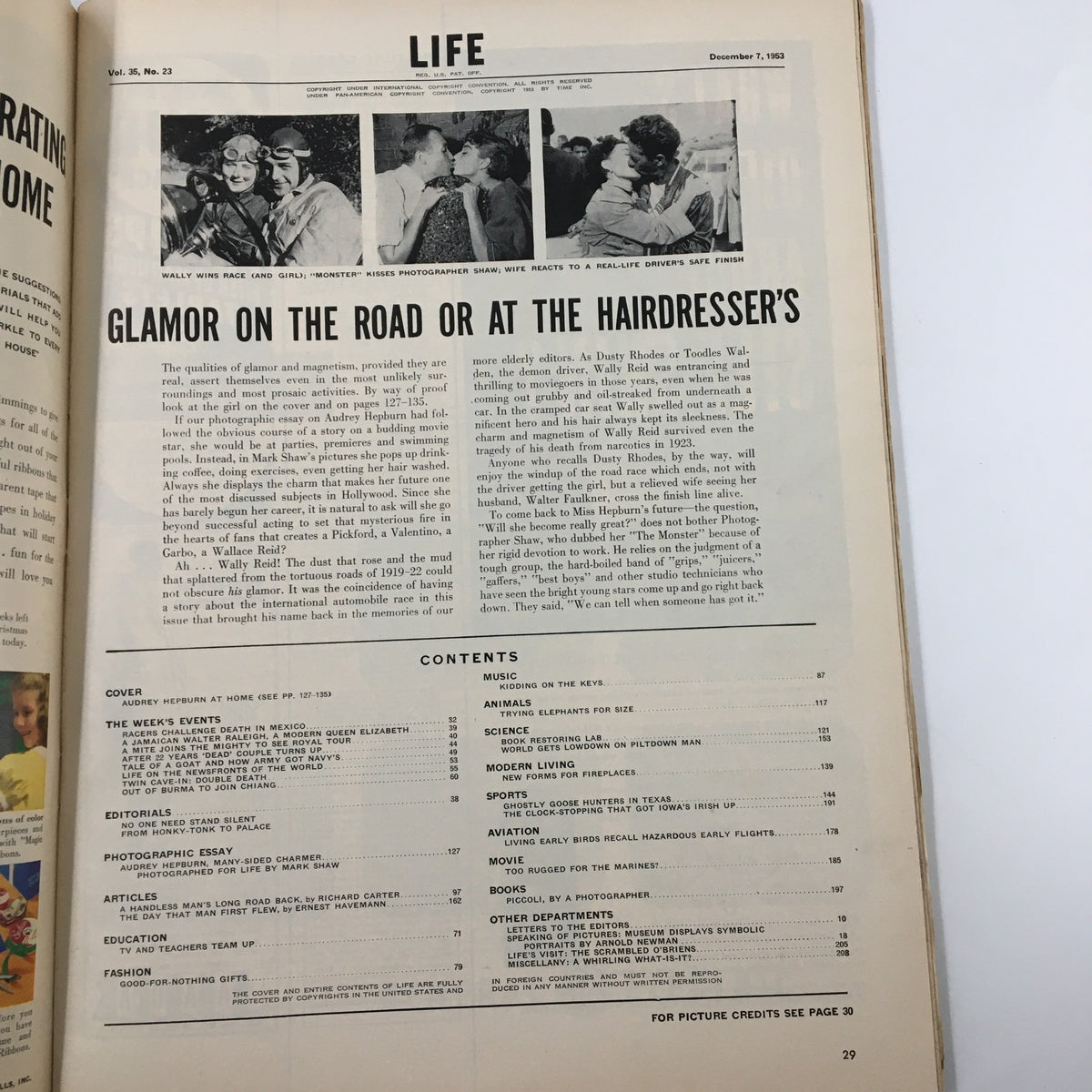 Interior page of VTG Life Magazine December 7 1953, showcasing articles and photographs, with a focus on glamour and celebrity lifestyle including Audrey Hepburn.