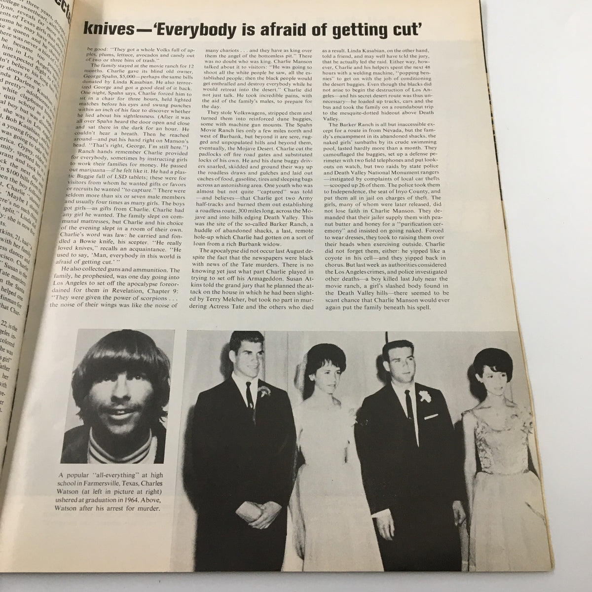 Inside page of VTG Life Magazine December 19 1969 featuring an article titled 'Knives - Everybody is afraid of getting cut', with images and text discussing Charles Manson and his followers.