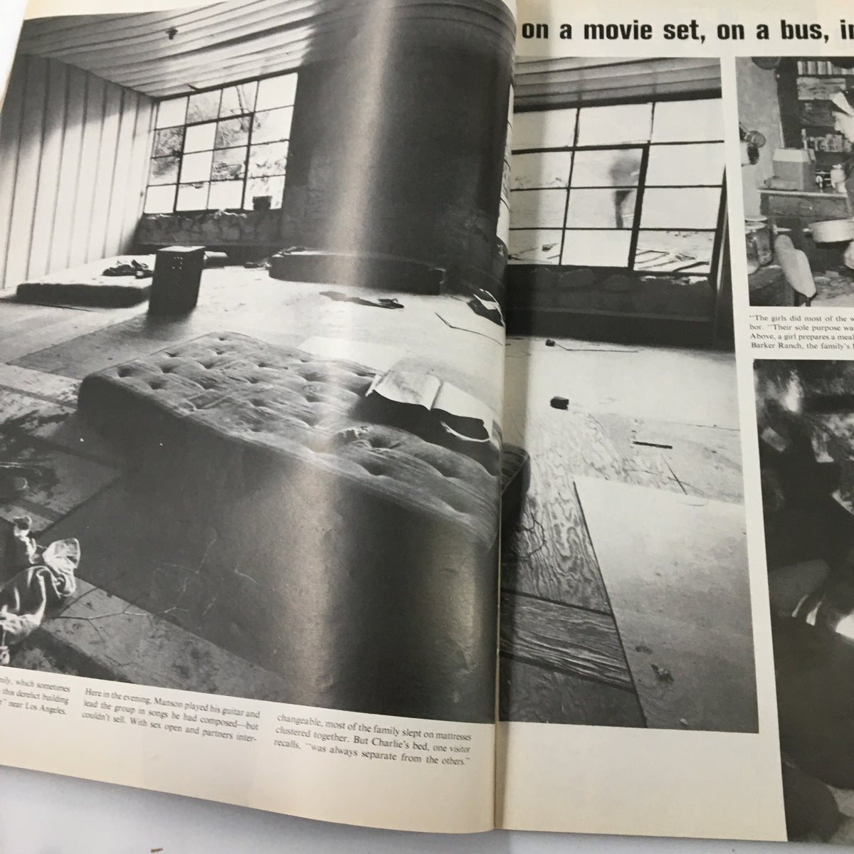 Inside page of VTG Life Magazine December 19 1969 showing a stark environment at a movie set, emphasizing the lifestyle of Charles Manson and his followers.