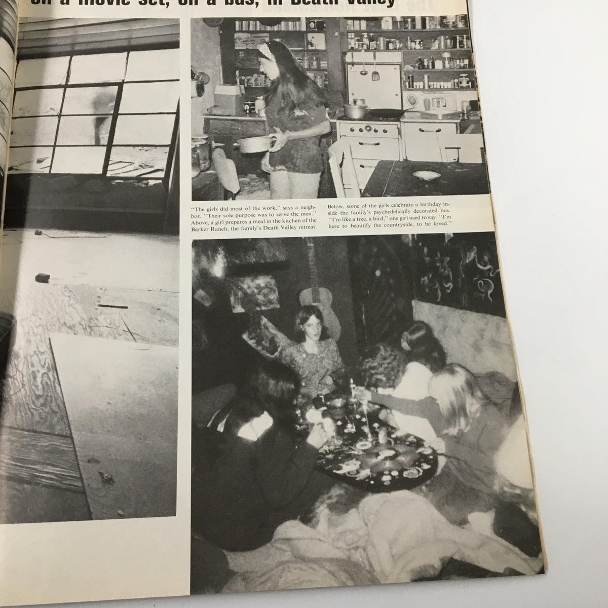 Another inside page of VTG Life Magazine December 19 1969 depicting the kitchen of the Barker Ranch, Charles Manson's hideout, with imagery reflecting the lifestyle of his followers.