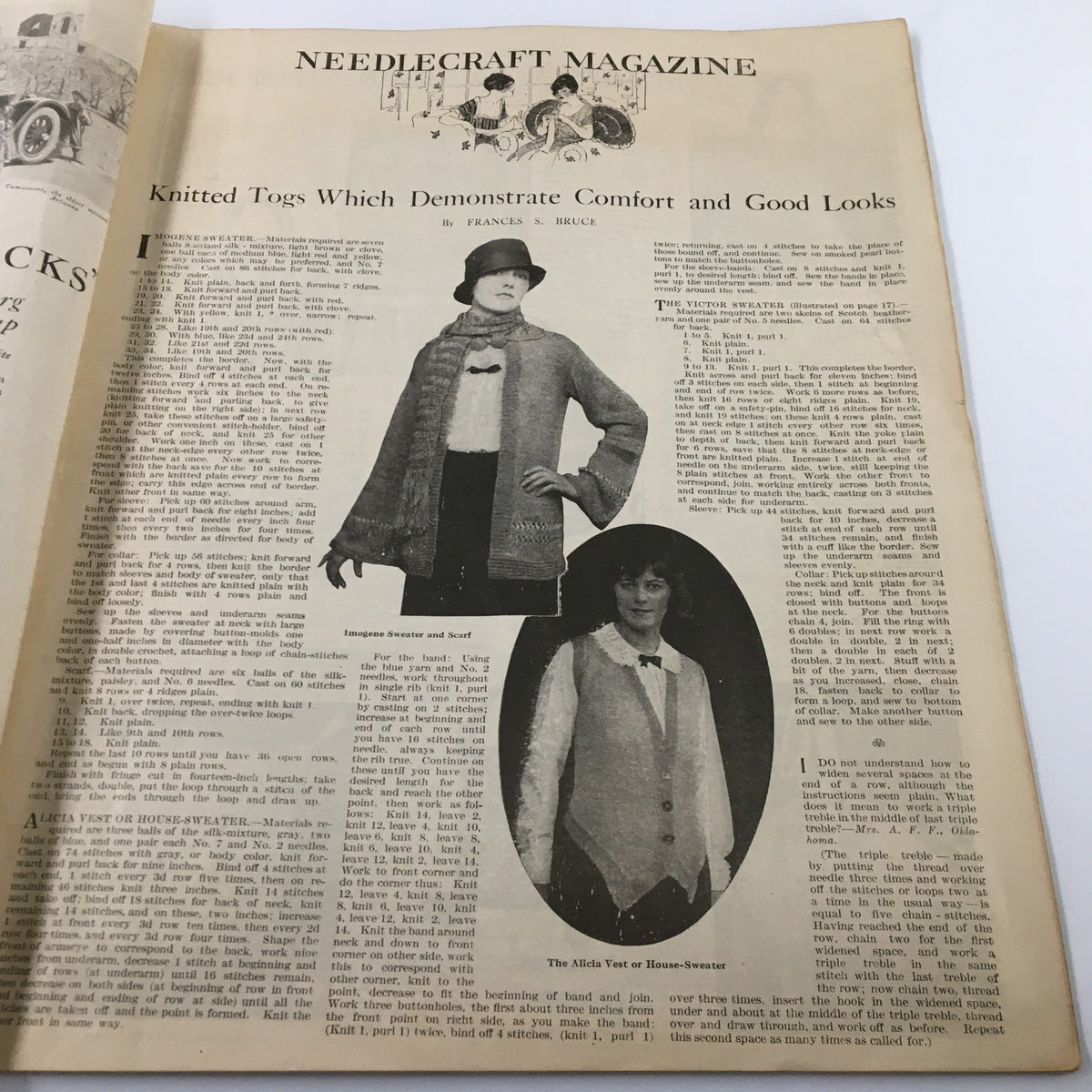 Article page from VTG Needlecraft Magazine November 1924 titled 'Knitted Togs Which Demonstrate Comfort and Good Looks' showcasing fashion illustrations.