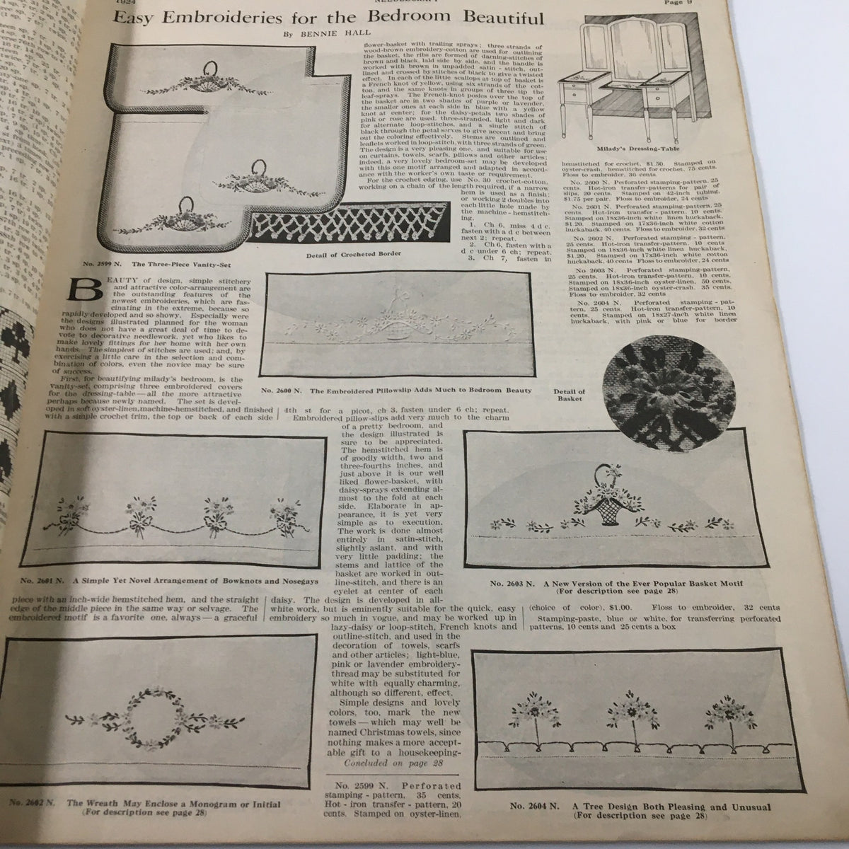 Page from VTG Needlecraft Magazine November 1924 featuring embroidery designs titled 'Easy Embroideries for the Bedroom Beautiful'.