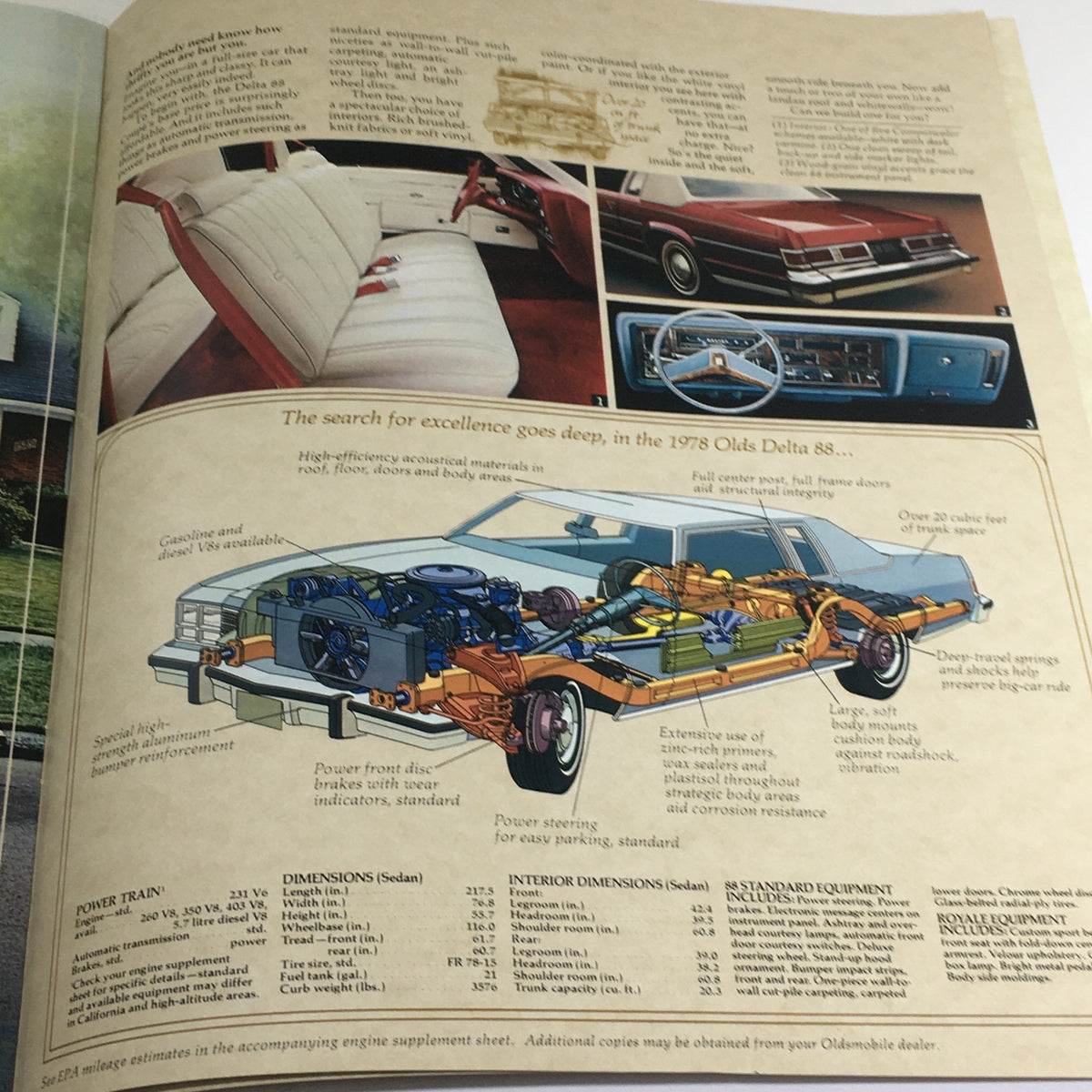 Illustration and details of the 1978 Oldsmobile Delta 88 interior and engine specifications in the 1978 Oldsmobile Ninety-Eight, Delta 88, Toronado, Cruiser Car Brochure Catalog.