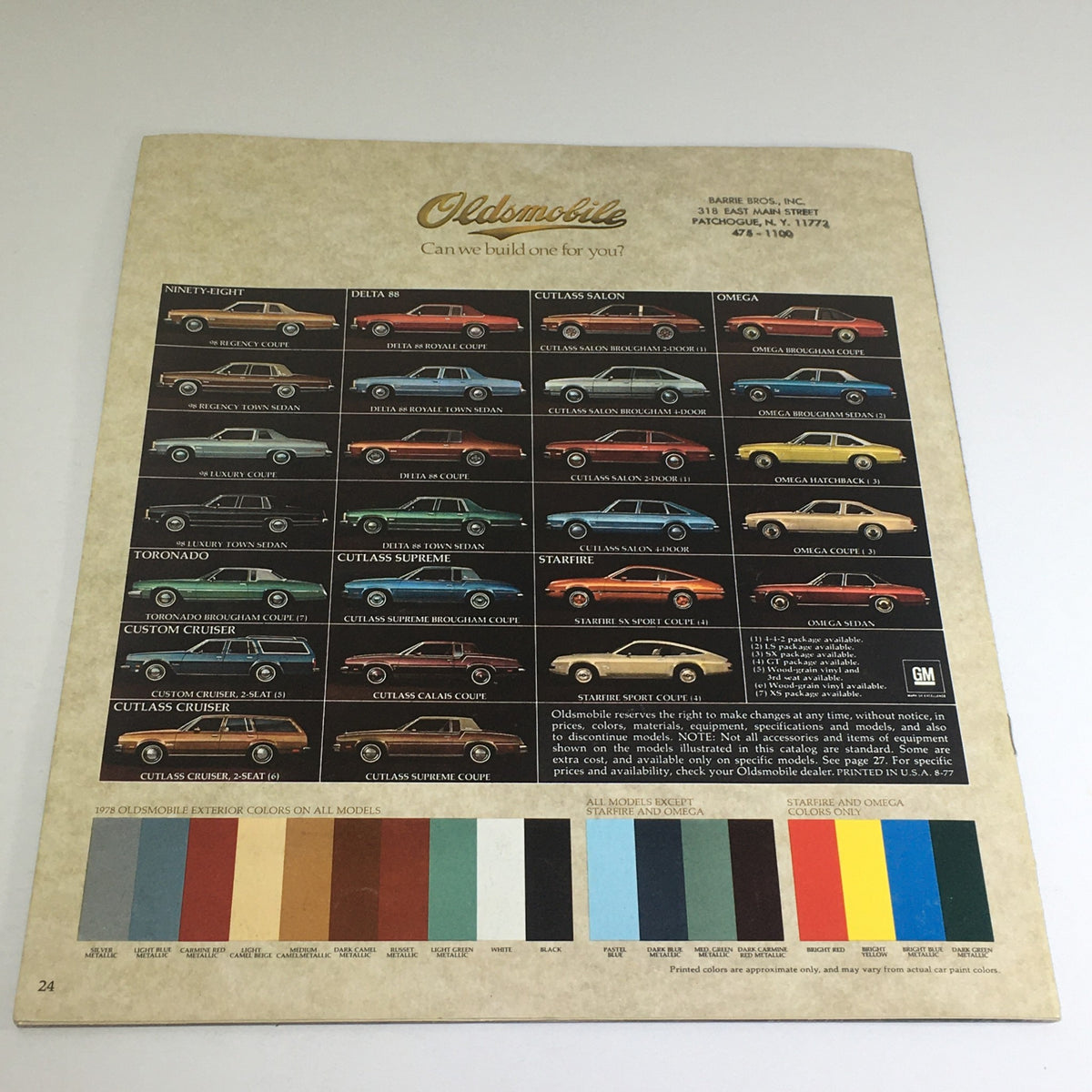 Color options and models showcased in the 1978 Oldsmobile Ninety-Eight, Delta 88, Toronado, Cruiser Car Brochure Catalog.