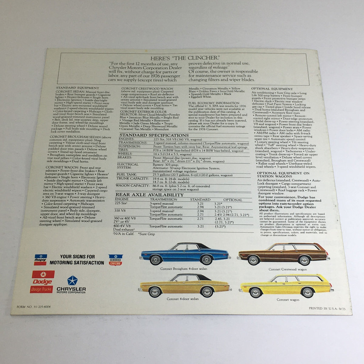 Back side of the 1976 Dodge Coronet Sedans, Wagons Specifications Car Auto Brochure catalog with standard specifications and illustrations of various models.