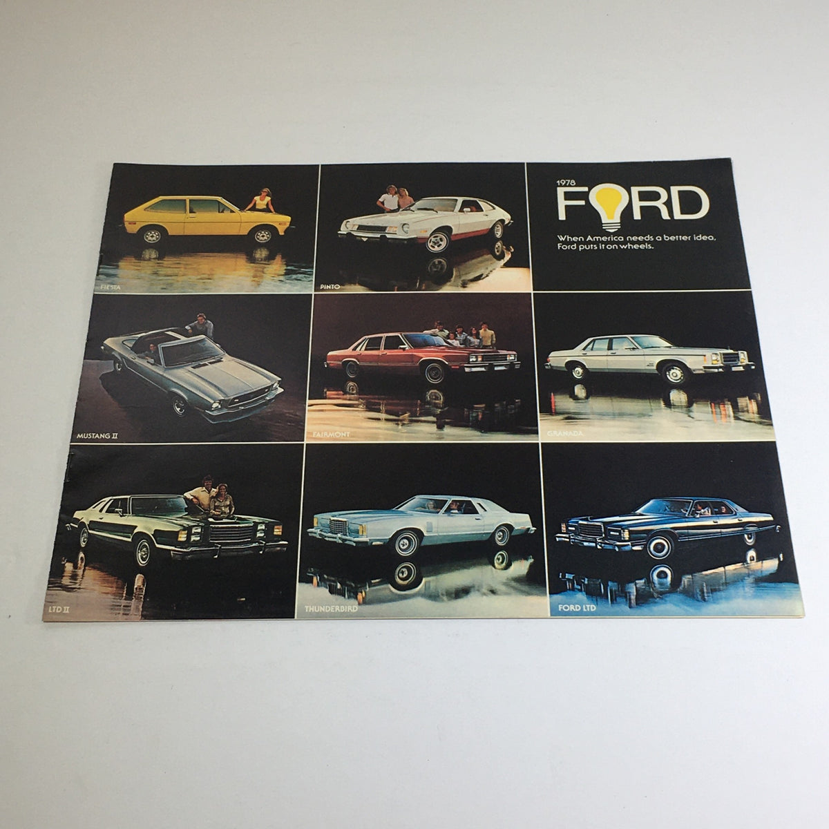 1978 Ford Pinto Fiesta Specifications Dealership Car Auto Brochure Catalog showcasing various Ford models with a colorful background and attractive lighting.