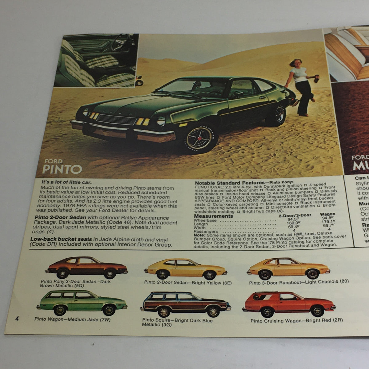 1978 Ford Pinto Fiesta Specifications Dealership Car Auto Brochure Catalog featuring the Ford Pinto car model with a description of its features and specifications.