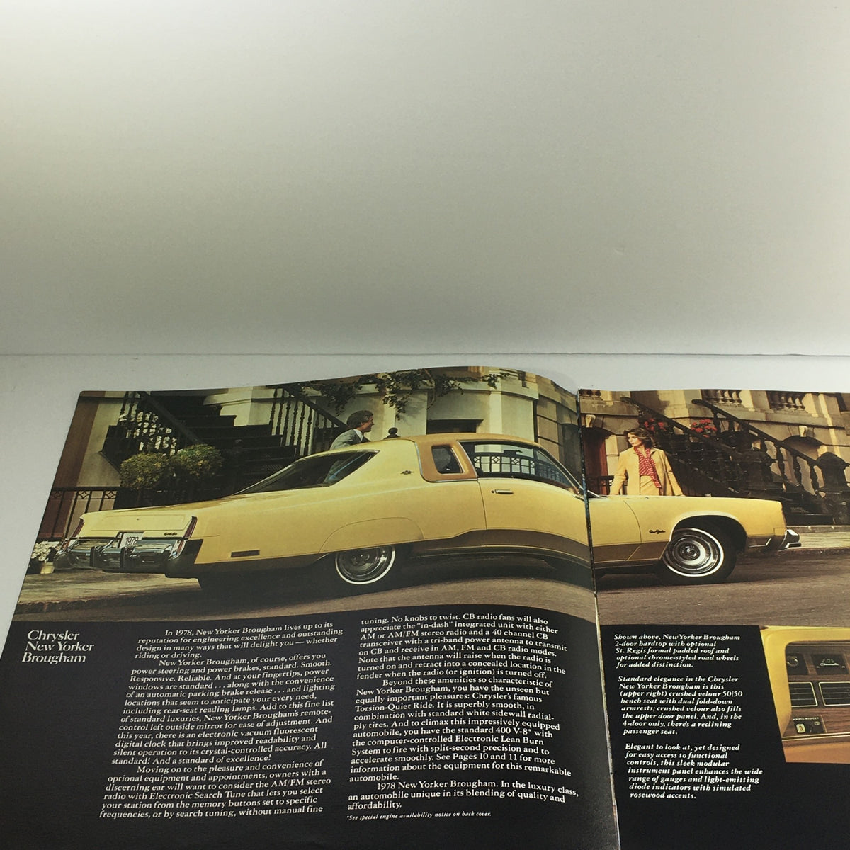 Inside page of the 1978 Chrysler New Yorker/New Port Features brochure featuring a yellow Chrysler New Yorker Brougham parked in an elegant street setting.