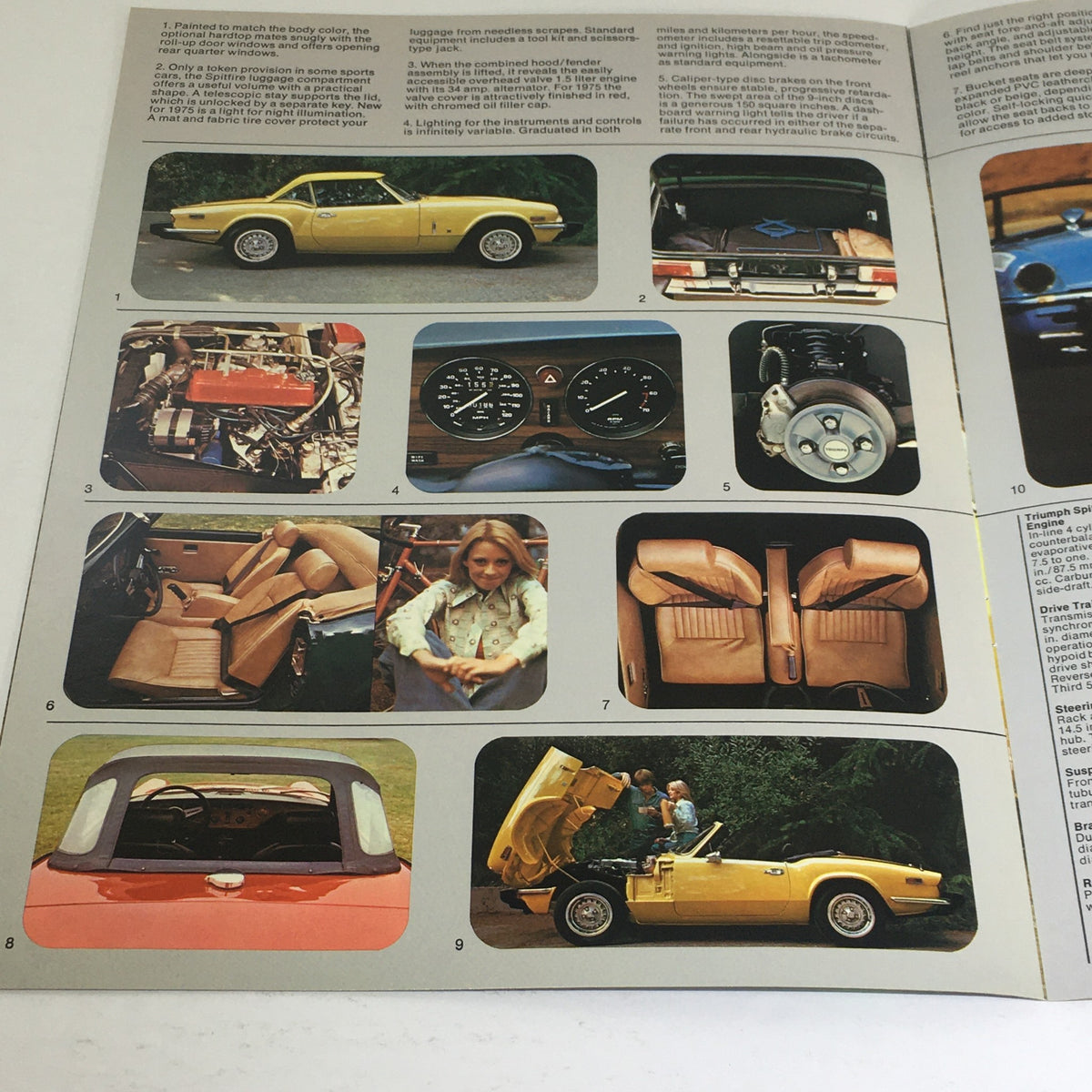 Interior and exterior images from the 1975 Spitfire Triumph Dealership Specification Car Auto Brochure Catalog showcasing specifications and features.