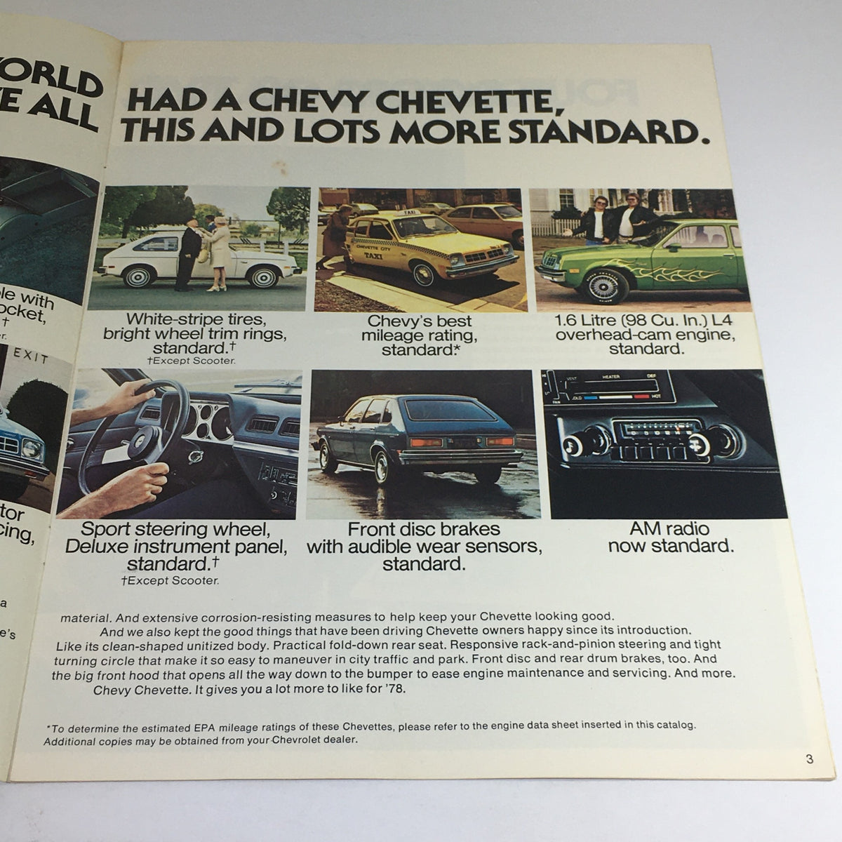 1978 Chevy Chevette Sedan by Chevrolet Dealership Car Auto Brochure Catalog, featuring standard features like white-stripe tires, sport steering wheel, and front disc brakes.