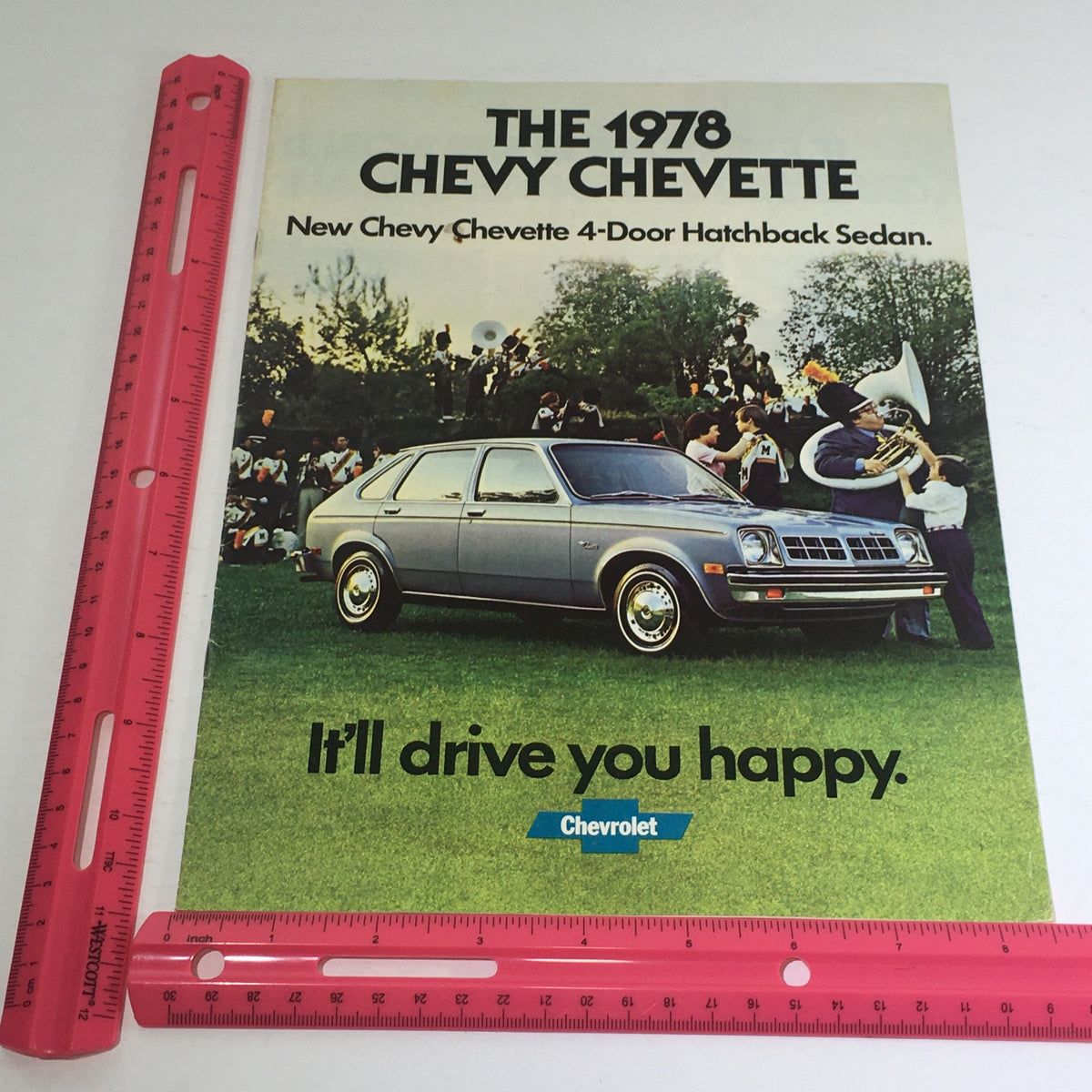 1978 Chevy Chevette Sedan by Chevrolet Dealership Car Auto Brochure Catalog, highlighting the Chevy Chevette 4-Door Hatchback Sedan with a vibrant outdoor scene.