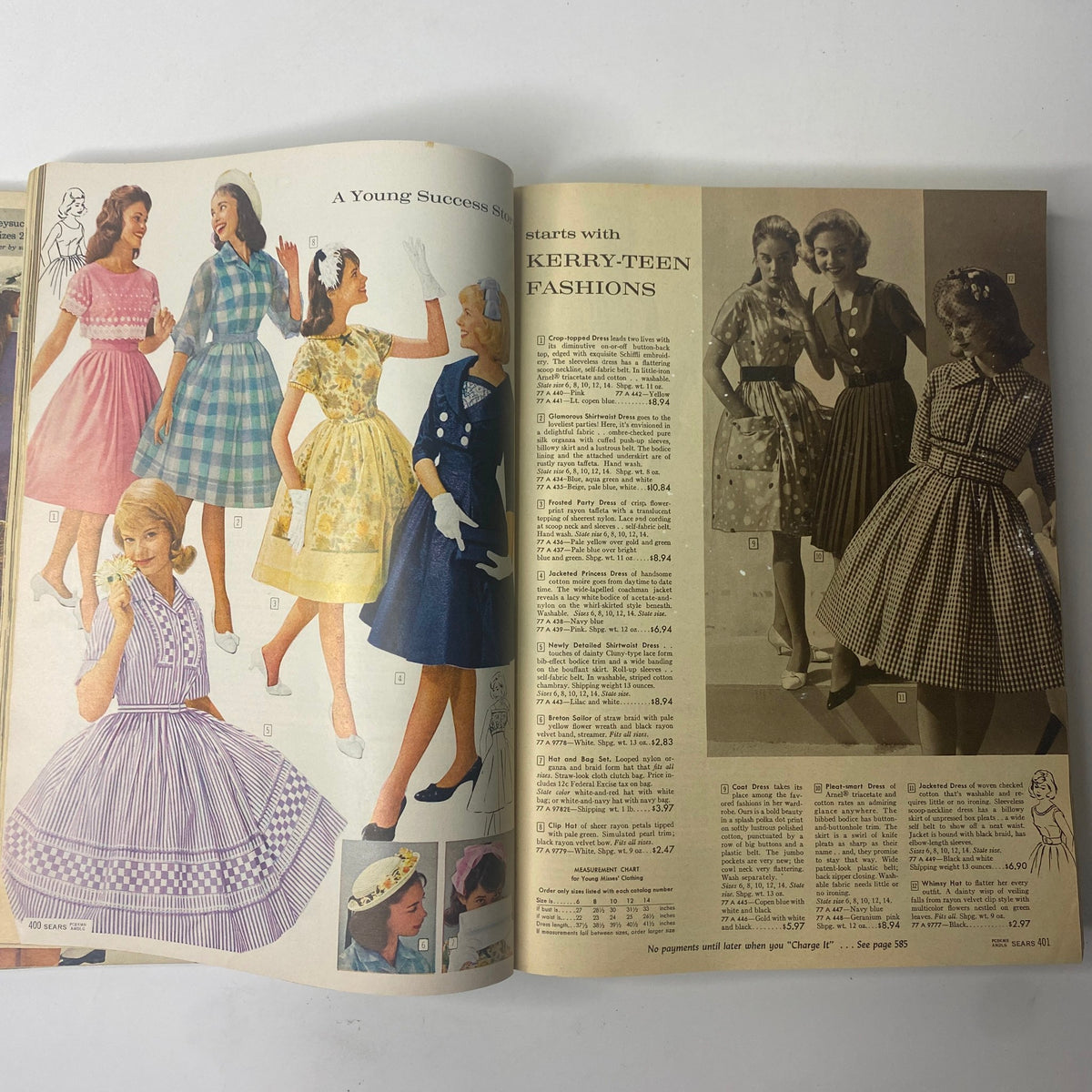 1961 Sears Roebuck and Co. Spring and Summer Catalog highlighting Kerry-Teen fashions with models showcasing colorful dresses in pastel shades, reflecting mid-century fashion trends.