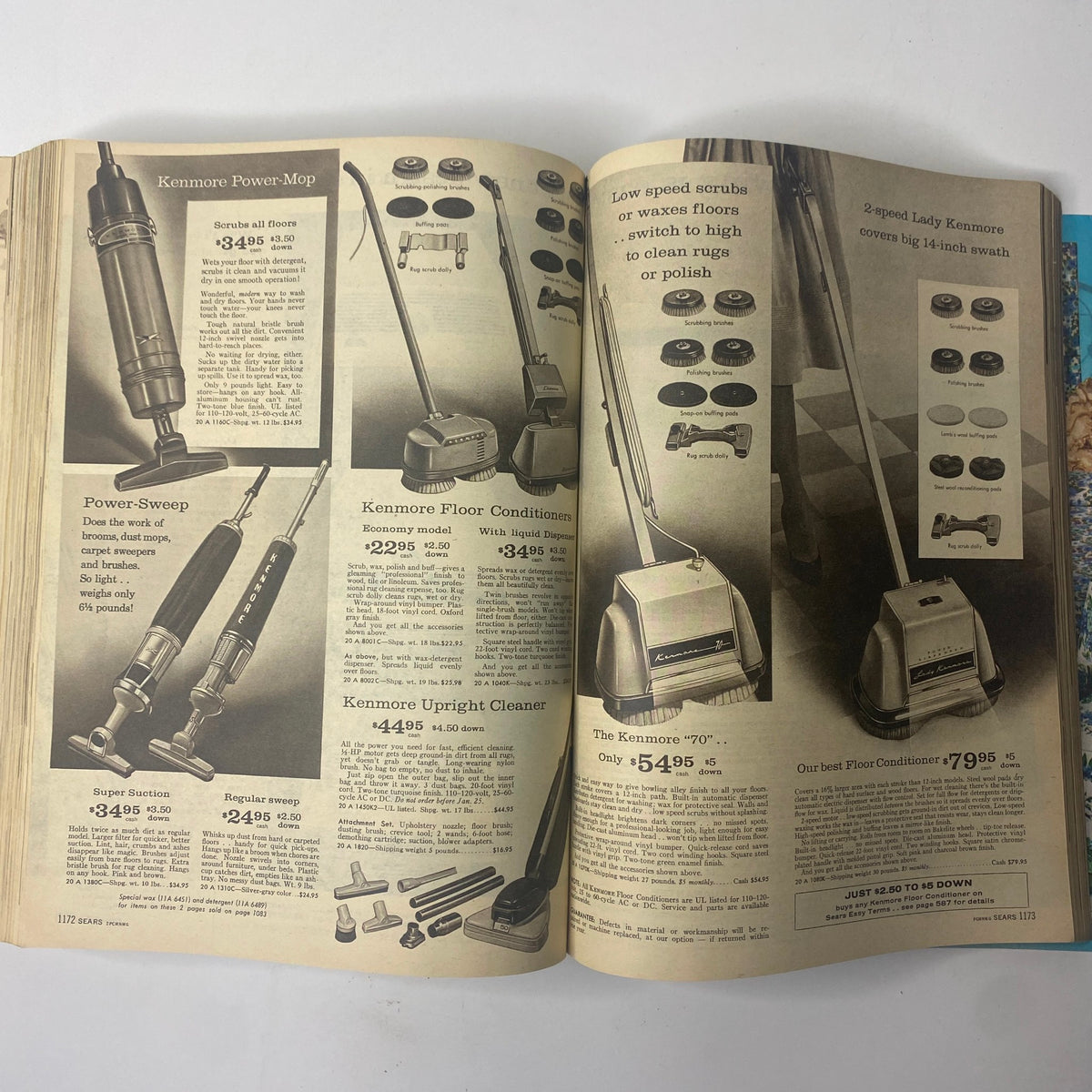 1961 Sears Roebuck and Co. Spring and Summer Catalog displaying Kenmore cleaning products like floor conditioners and upright vacuums, with product specifications.