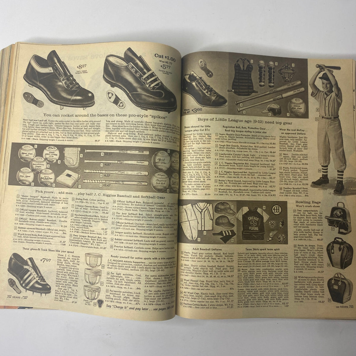 1961 Sears Roebuck and Co. Spring and Summer Catalog highlighting baseball and softball gear, showcasing shoes, uniforms, and accessories with pricing information.