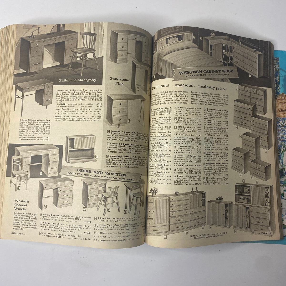 Image of a furniture page from the 1961 Sears Roebuck and Co. Spring and Summer Catalog featuring various desks and vanities in different wood finishes.