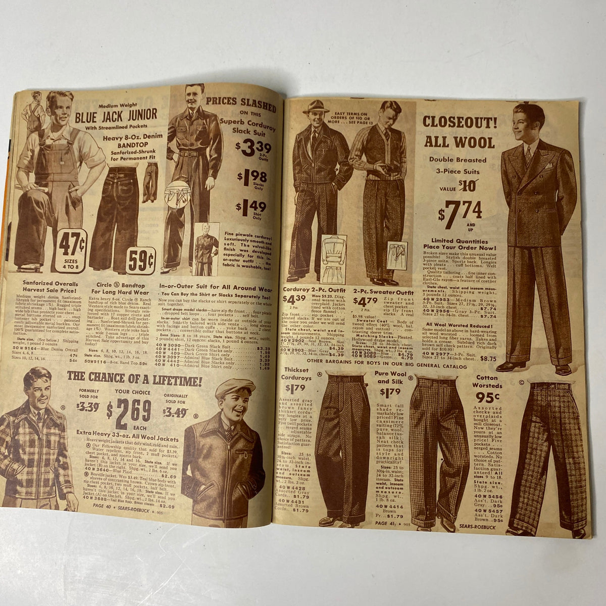 1940 Sears Roebuck and Co. Back-To-School & Harvest Time Festival Catalog - Fashion pages displaying boys' and men's clothing, including suits and overalls.
