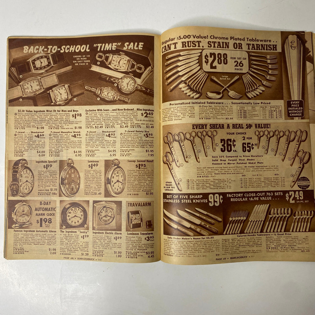 1940 Sears Roebuck and Co. Back-To-School & Harvest Time Festival Catalog - Pages highlighting back-to-school sales featuring watches, tableware, and scissors.