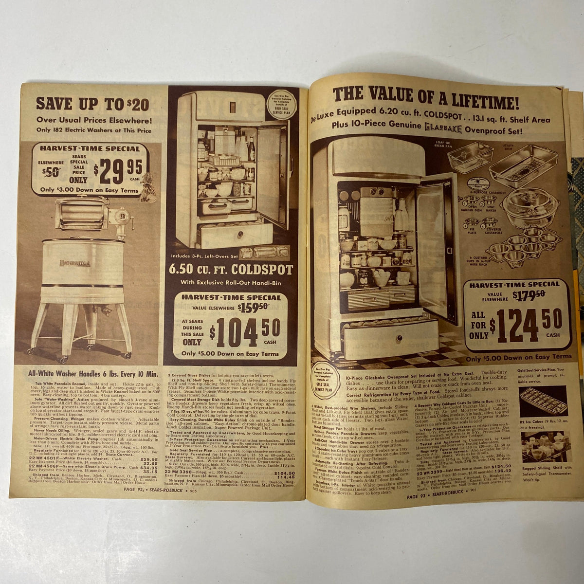 1940 Sears Roebuck and Co. Back-To-School & Harvest Time Festival Catalog - Pages advertising major appliances such as washers and refrigerators with promotional pricing.