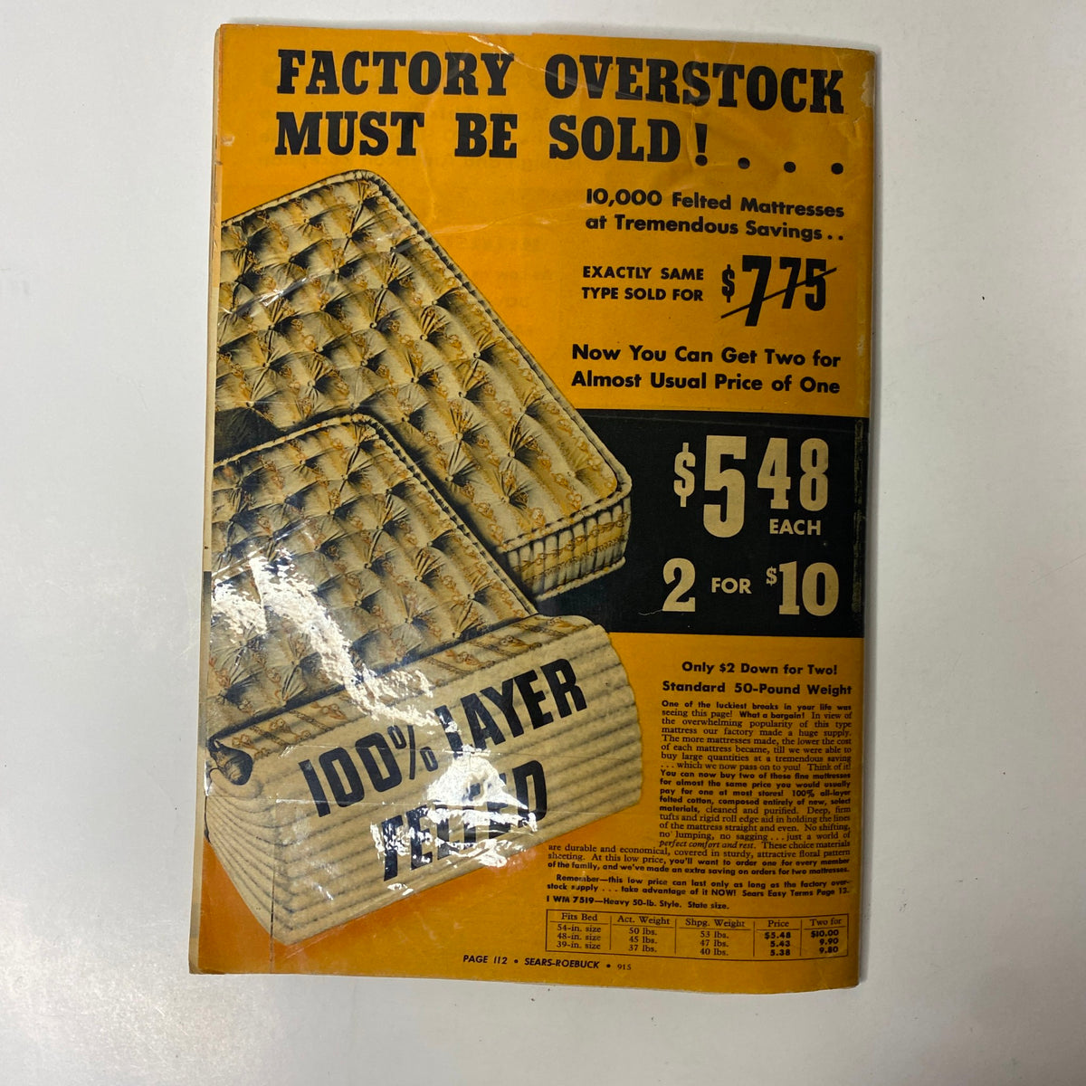 Back cover of the 1940 Sears Roebuck and Co. Back-To-School & Harvest Time Festival Catalog featuring a sales promotion for mattresses.