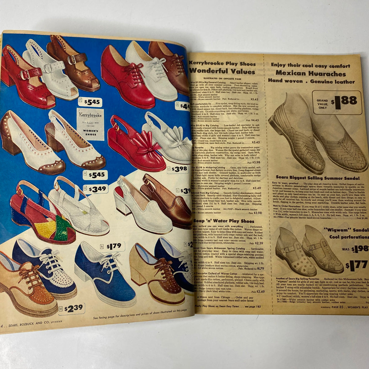 Interior page of the 1947 Sears Midsummer Sale Catalog showcasing women's shoes including Kerrybrooke play shoes and Mexican huaraches, with price details and vintage design.