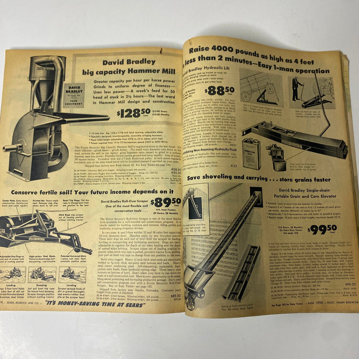 1947 Sears Midsummer Sale Catalog page featuring farming equipment and tools such as a hammer mill and hydraulic lift, showcasing the practical products available during the summer sale.
