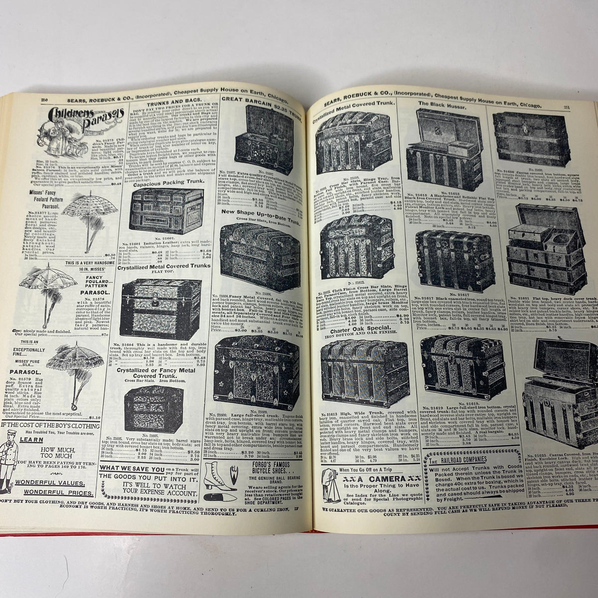 Content from the 1897 Sears Roebuck Consumers Guide Hardcover Catalog illustrating various trunks and storage options available for purchase.