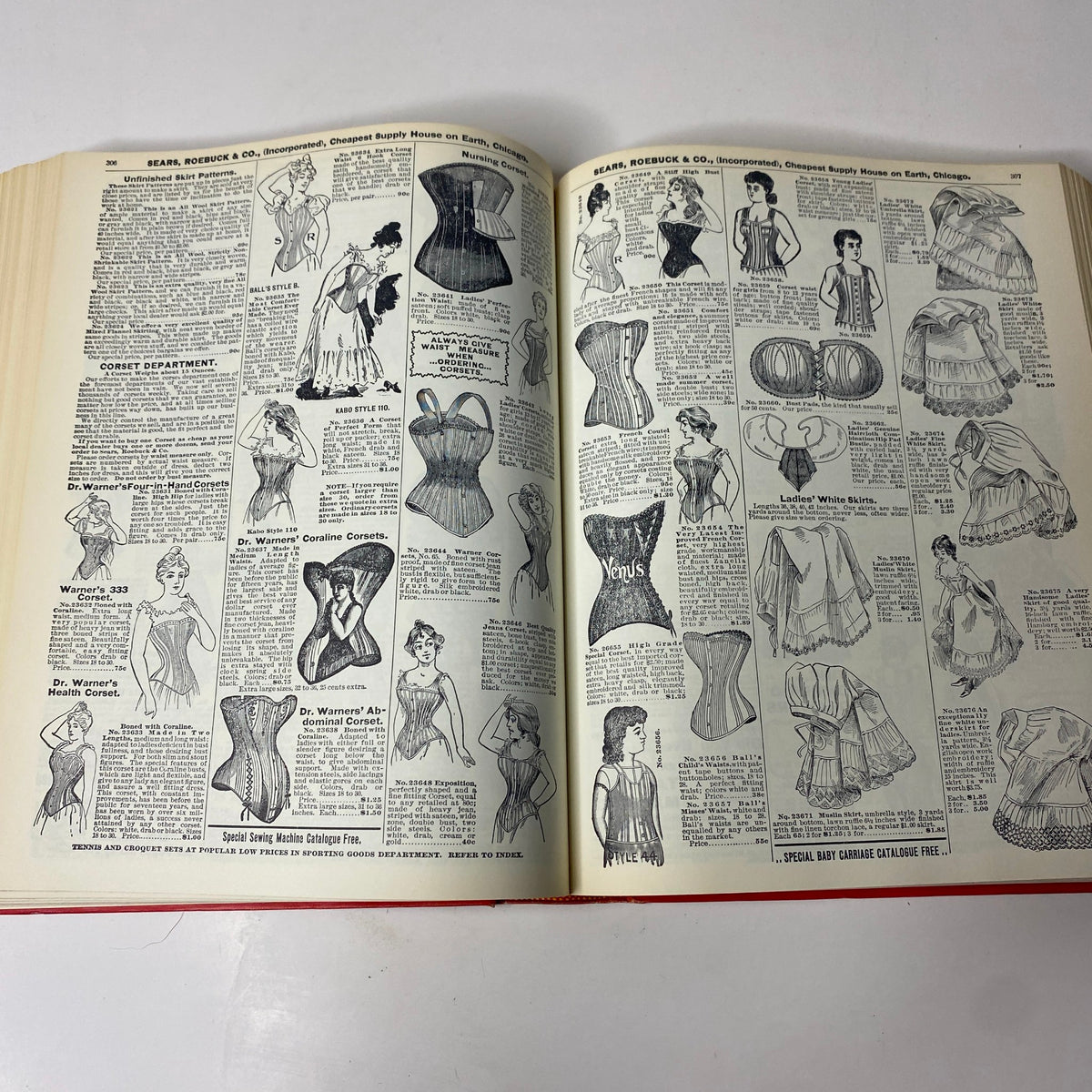 Page from the 1897 Sears Roebuck Consumers Guide Hardcover Catalog highlighting corsets and women's undergarments with detailed illustrations.