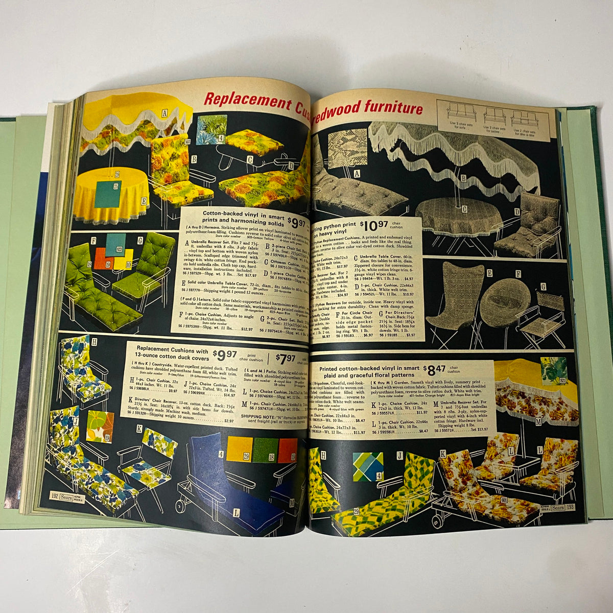 A page from the 1971 Sears Summer Hardcover Catalog displaying Replacement Cedarwood furniture designs, featuring colorful vinyl options for outdoor seating.