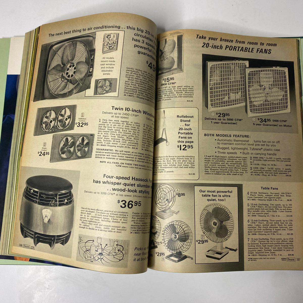 Features of 20-inch portable fans and air conditioning products from the 1971 Sears Summer Hardcover Catalog, highlighting various fan models and their prices with vintage advertisements.