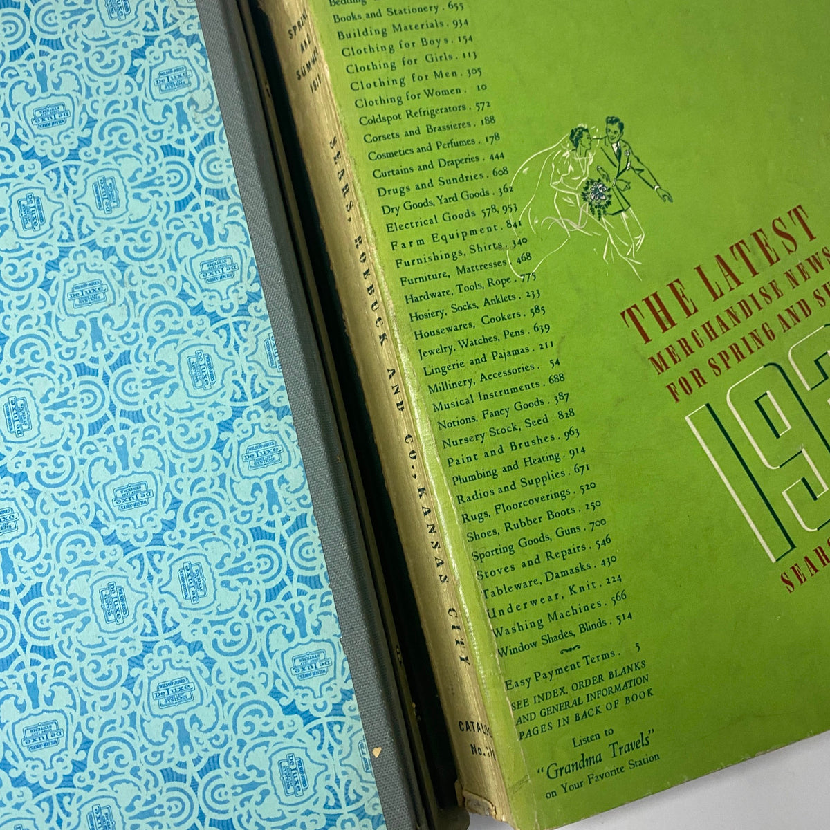 Interior view of the 1939 Sears, Roebuck and Company Spring and Summer Hardcover Catalog, featuring the table of contents and colorful illustrations.
