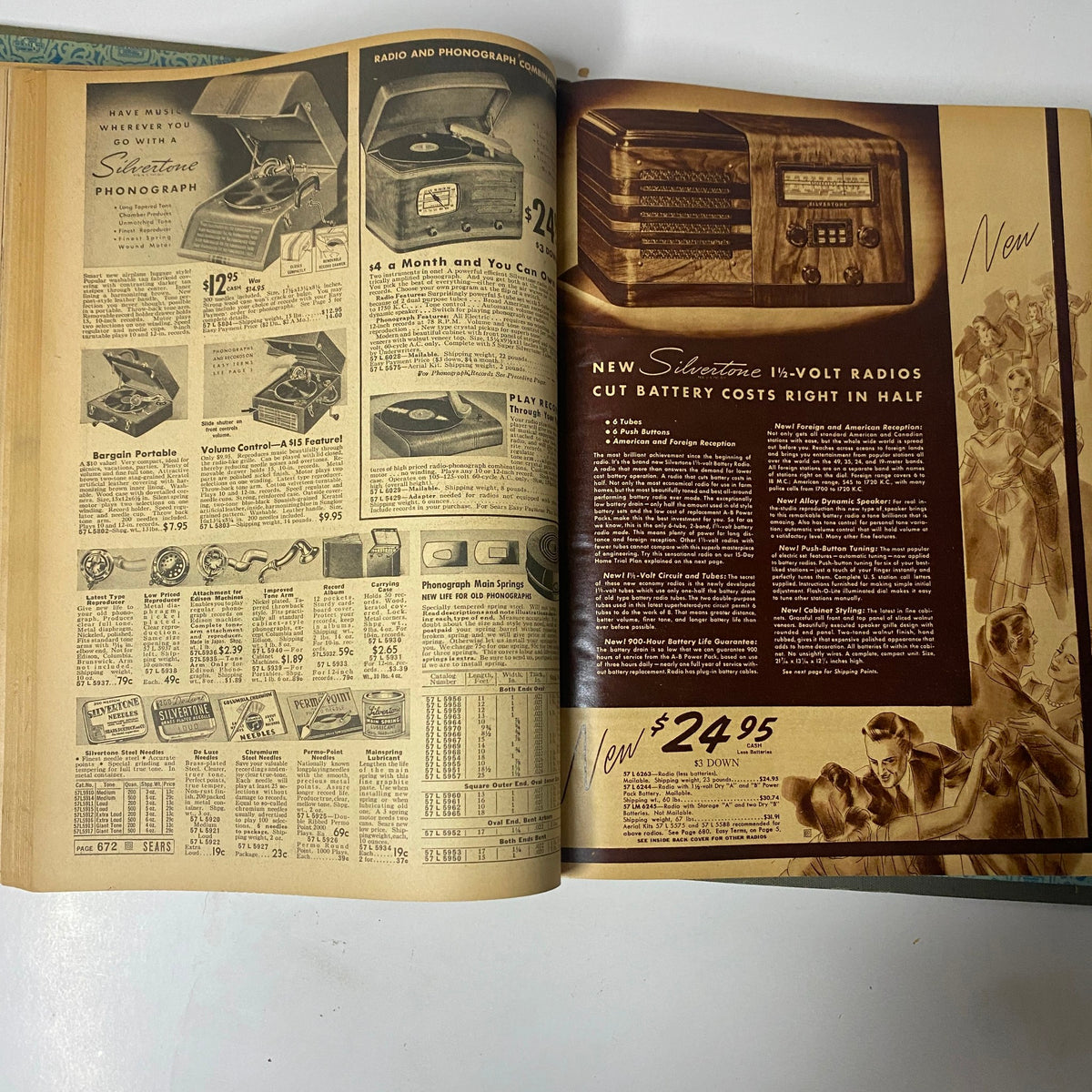 Radio and phonograph products page from the 1939 Sears, Roebuck and Company Spring and Summer Hardcover Catalog featuring various music players and pricing.