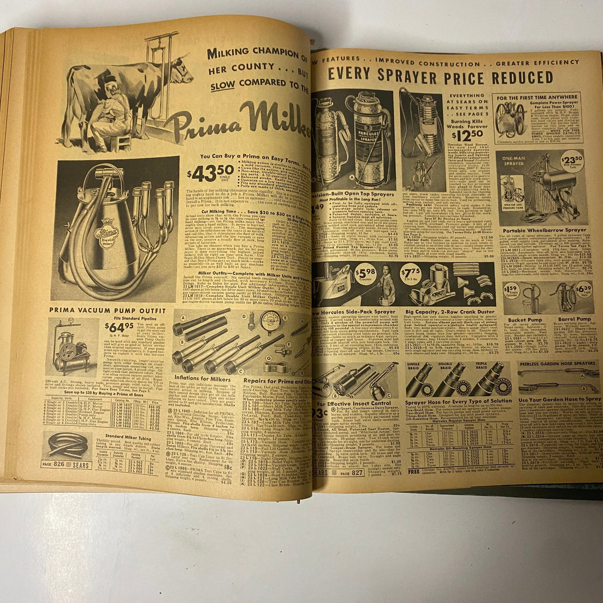 Vintage page featuring milk-related products and sprayers from the 1939 Sears, Roebuck and Company Spring and Summer Hardcover Catalog, promoting milking equipment and tools.