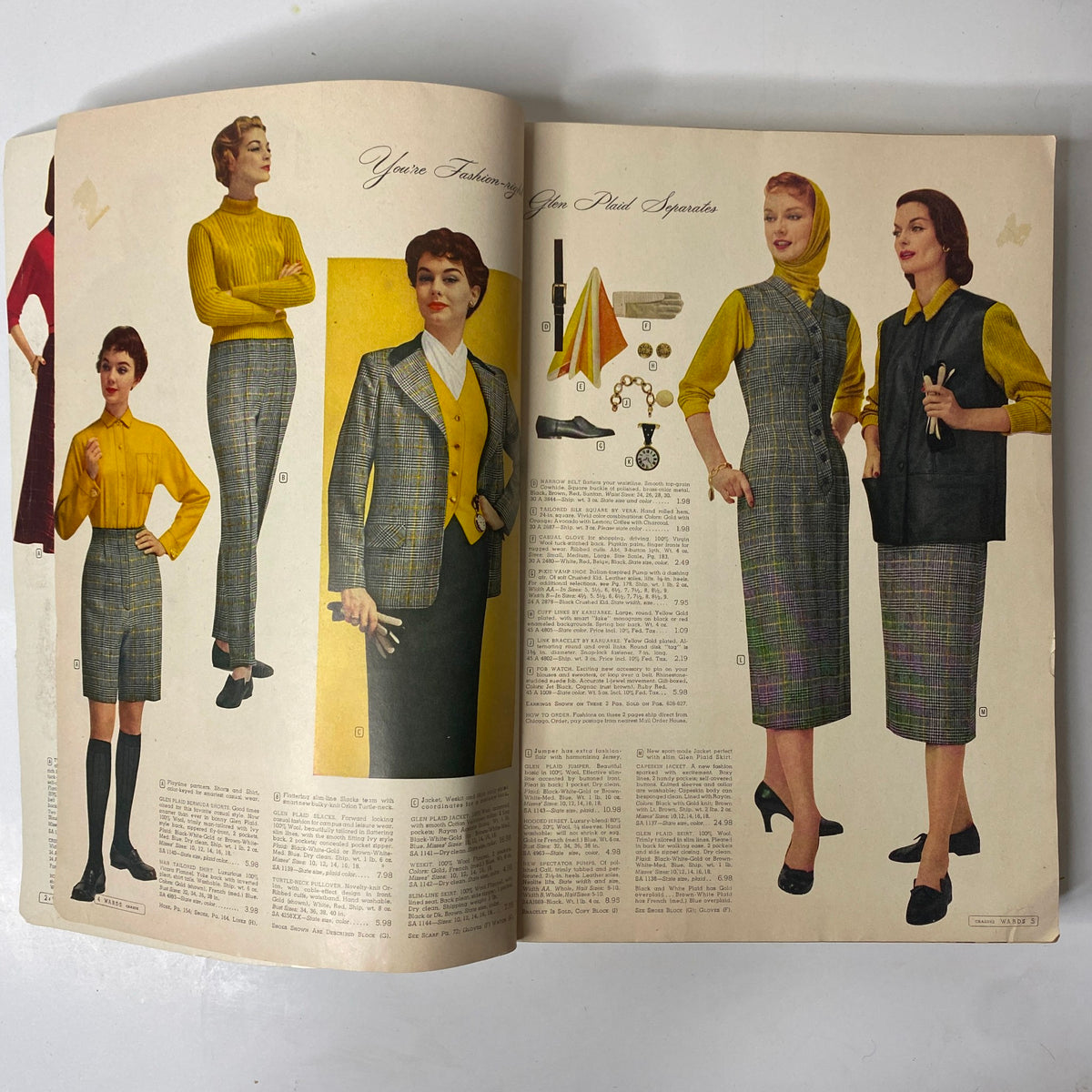 Interior page spread of the 1956 - 1957 Montgomery Ward Fall and Winter Catalog featuring women's plaid outfits, highlighting vintage fashion trends, complete with elegant accessories.
