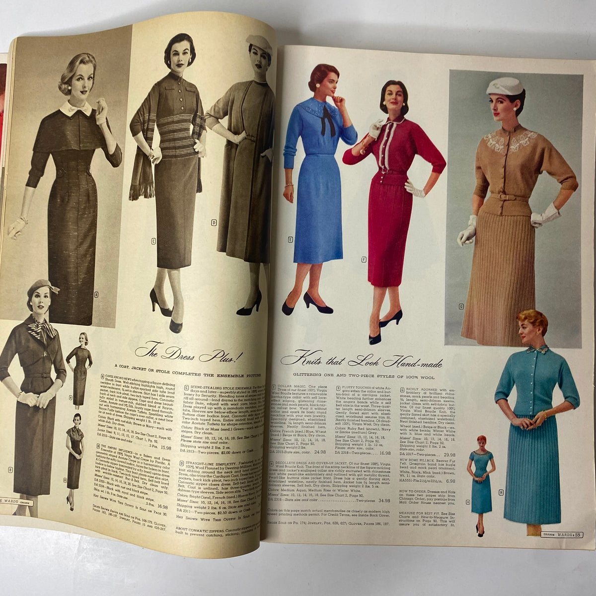 1956 - 1957 Montgomery Ward Fall and Winter Catalog showcasing elegant women's fashion including wool coats, chic dresses, and 1950s accessories.
