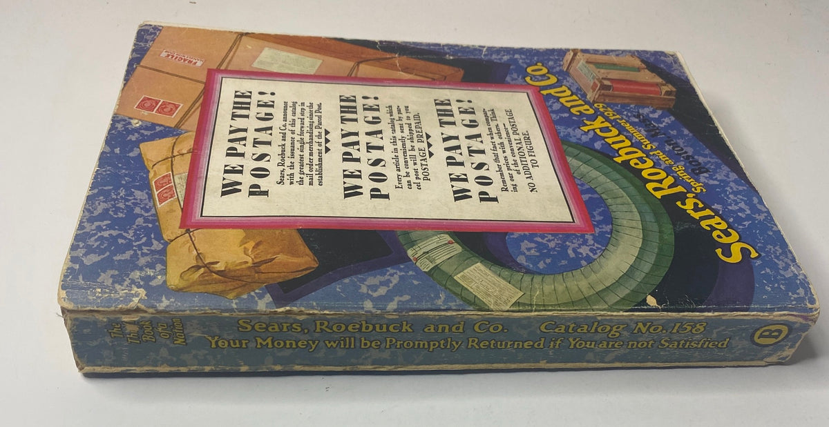 Back view of the 1929 Sears, Roebuck and Co. Catalog showing postal information and a vibrant cover design, indicating the publication's vintage charm.