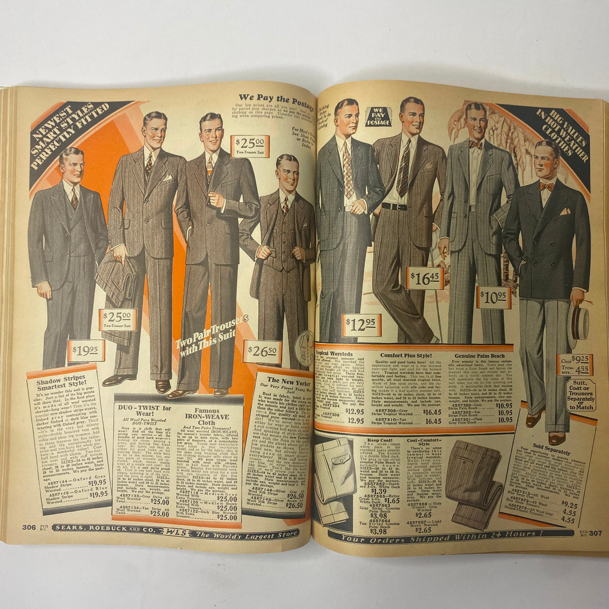 1929 Sears, Roebuck and Co. Spring and Summer Catalog illustrating men's suits with various styles and prices, reflecting 1920s fashion trends.