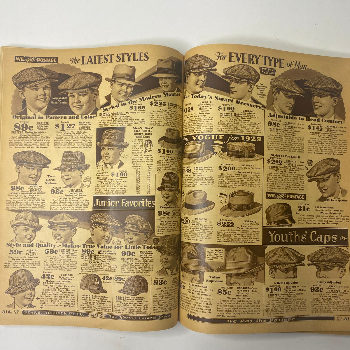 Open pages of the 1929 Sears, Roebuck and Co. Spring and Summer Catalog showcasing the latest styles of hats and caps for men, featuring prices and descriptions.