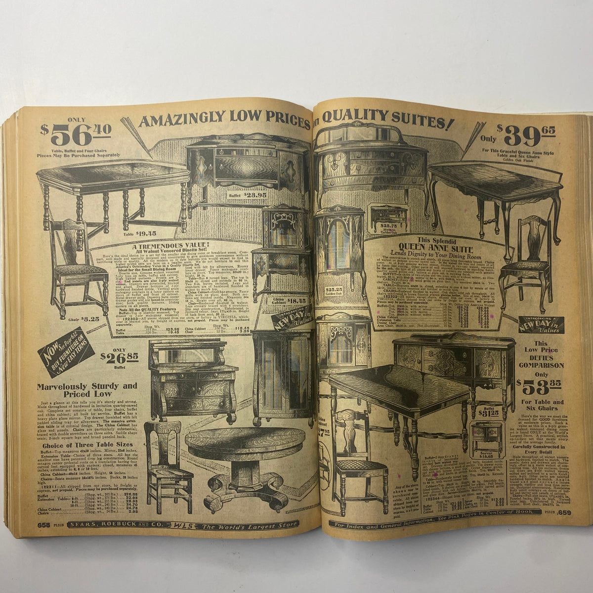 Illustrated pages of the 1929 Sears, Roebuck and Co. Spring and Summer Catalog featuring various furniture suites, clearly listing prices and designs for living room furnishings.