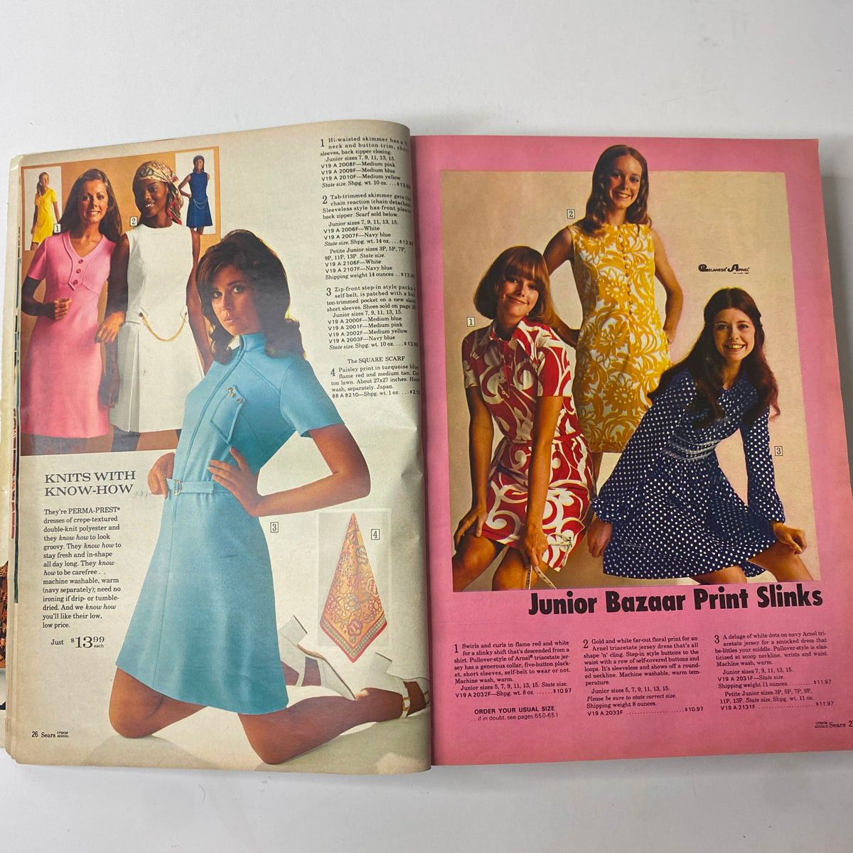 Fashion illustration from the 1971 Sears Roebuck and Co. Spring and Summer Catalog featuring colorful dresses and a vibrant layout.