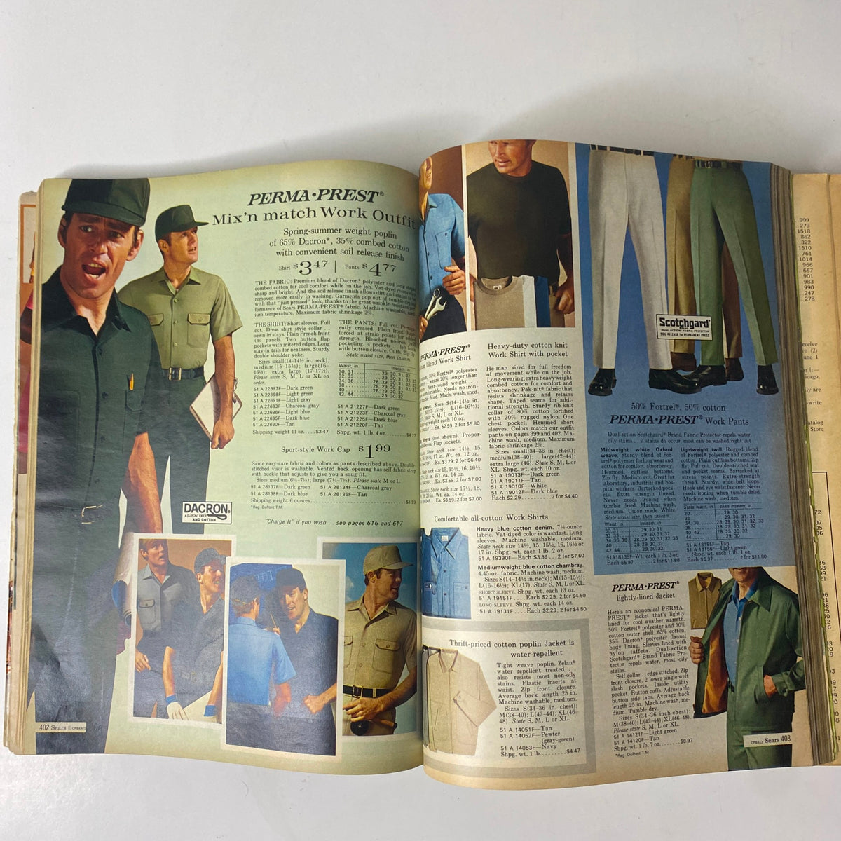Men's workwear section from the 1971 Sears Roebuck and Co. Spring and Summer Catalog highlighting practical outfits and styles.