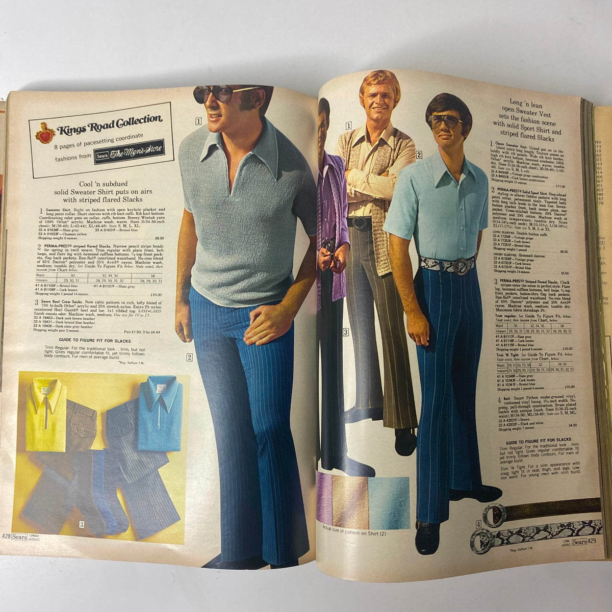 1971 Sears Roebuck and Co. Spring and Summer Catalog displaying fashionable outfits including flared slacks and coordinating shirts, indicative of early 70s menswear trends.