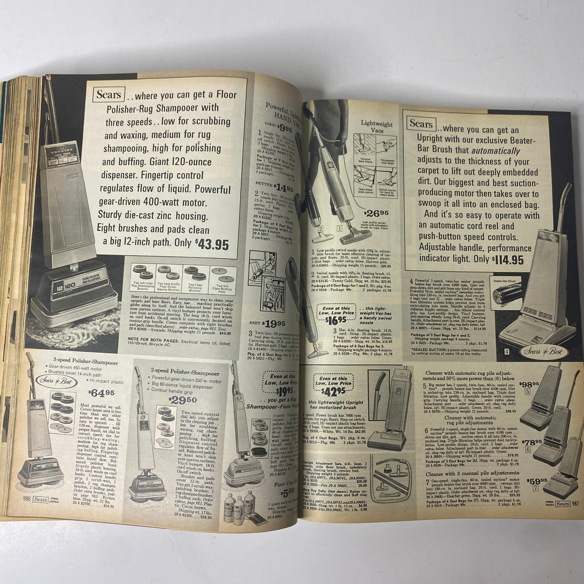 1971 Sears Roebuck and Co. Spring and Summer Catalog highlighting various vacuum cleaners including upright and lightweight models, with detailed pricing and features.