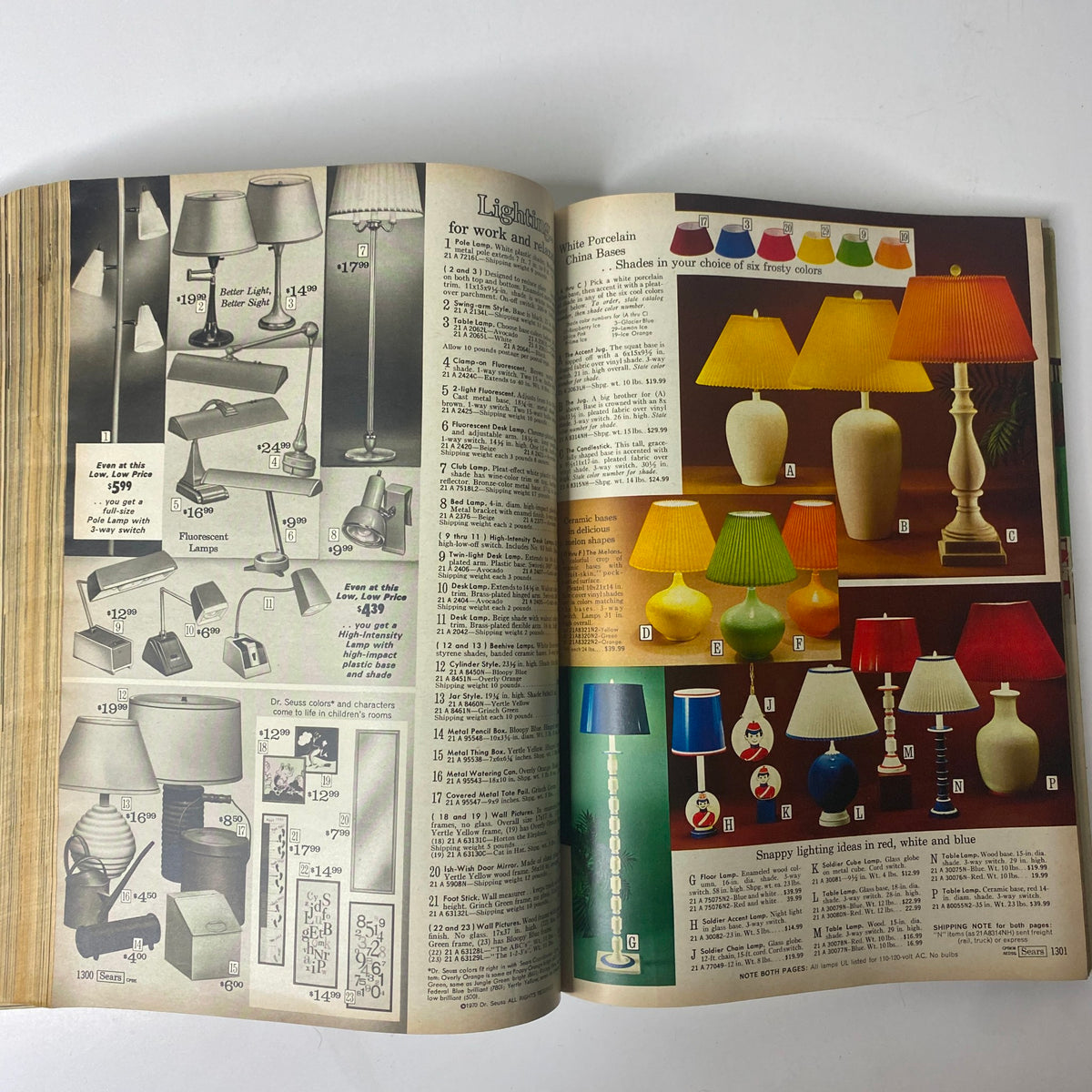 Lighting section from the 1971 Sears Roebuck and Co. Spring and Summer Catalog displaying various decorative lamps and lighting options for home and work.